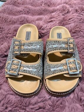 Steve Madden Crystal-Embellished Double Buckle Sandals - Beige/Silver